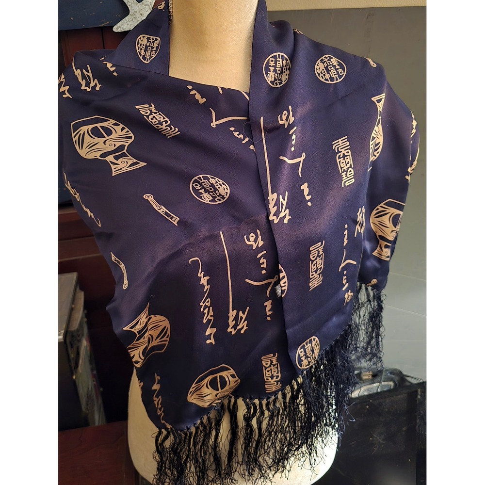 Navy Blue Satin Shawl Scarf with Gold Asian Script and Vase Print Fringe Accent - Picture 3 of 7